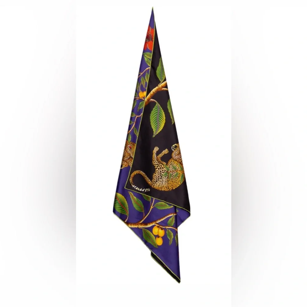 African Design Large, Purple & black silk scarf with elephant, leopards flowers